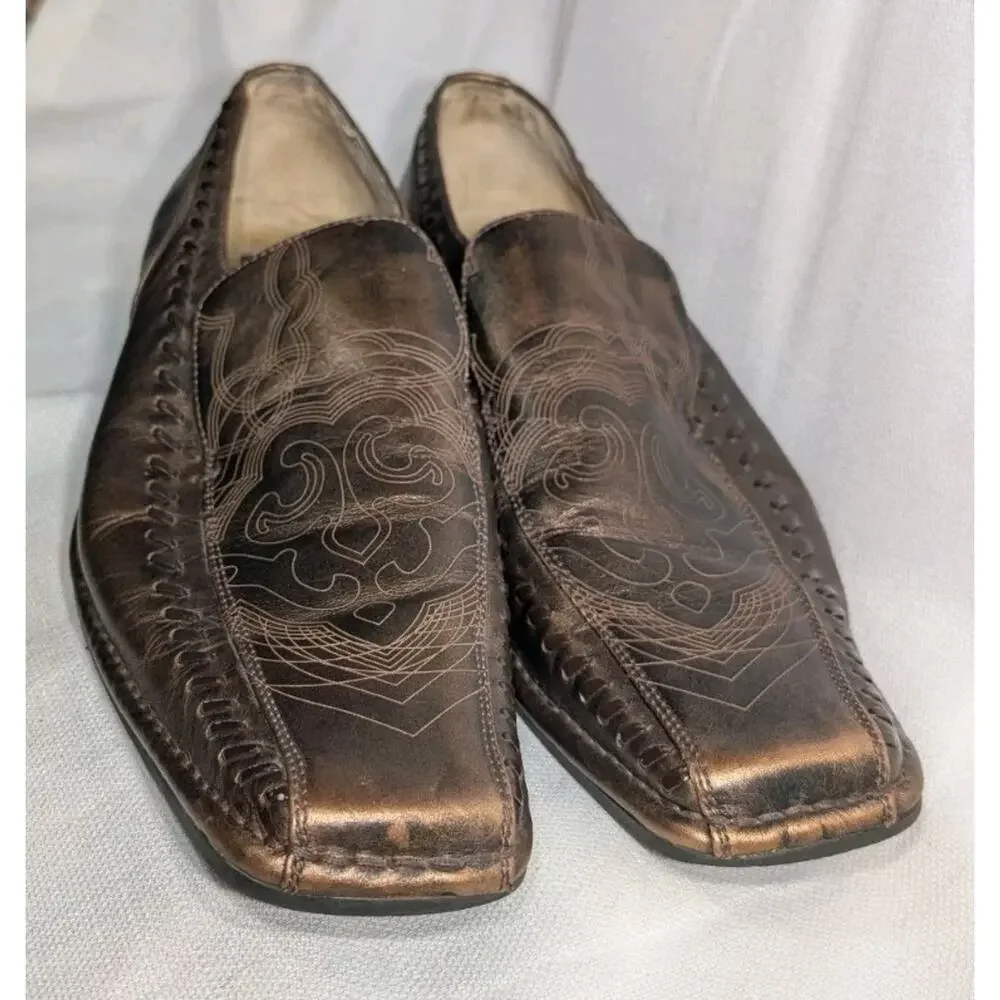 Stacy Adams Mens Western Leather Loafers‎ 11.5 Brown Square Toe Bronze Metallic